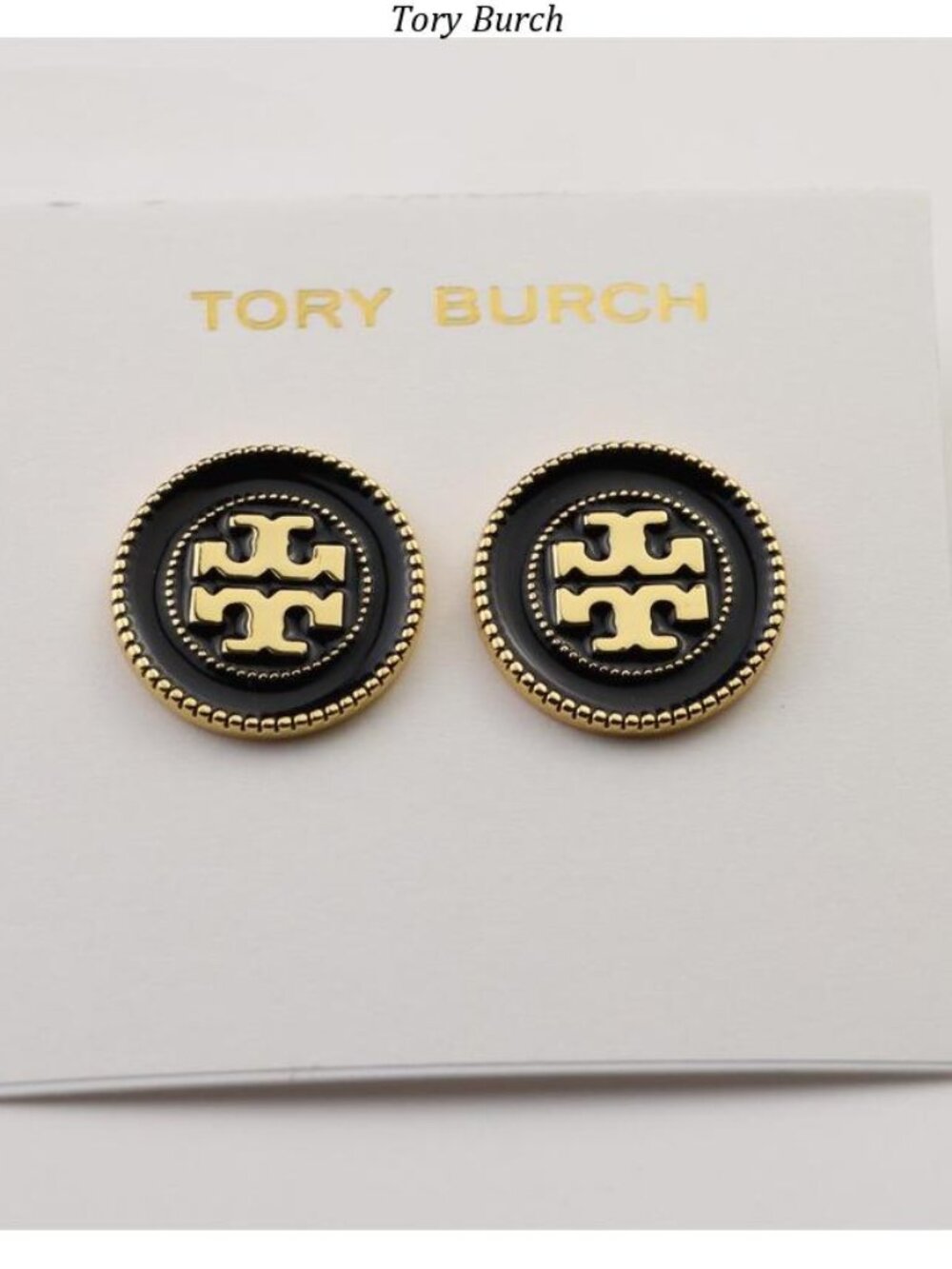 Tory Burch Black and Gold Round Logo Stud Earrings